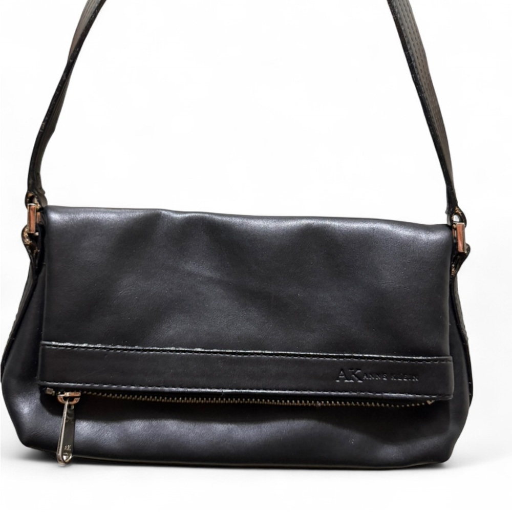 Vintage YSL Anne Klein Fold Over Small Leather Black Purse / Bag